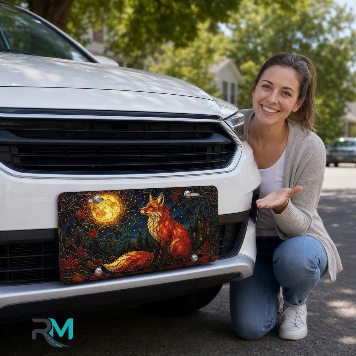 Geometric Fox Under Moon Vanity Plate - Road Muse