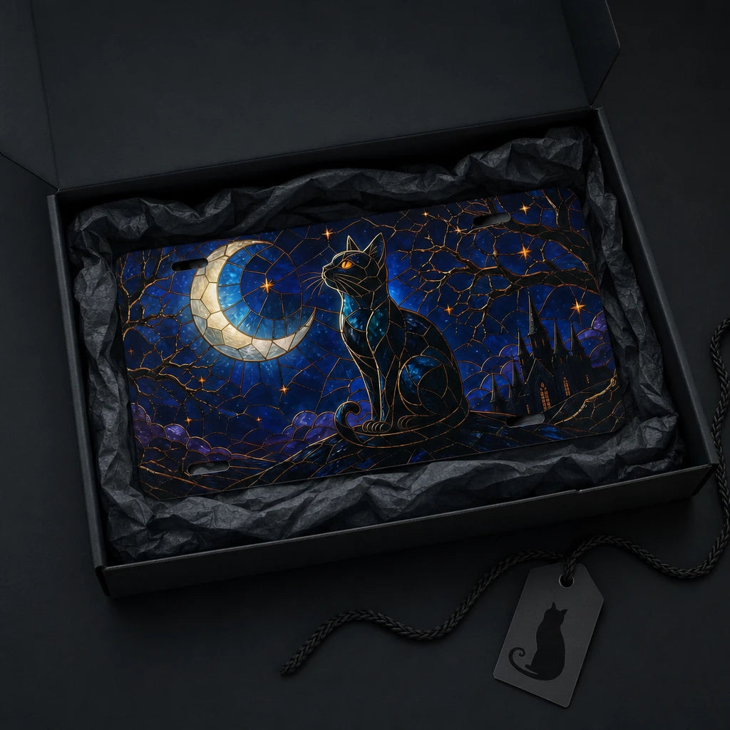 Moonlit Black Cat Crescent Moon Vanity Plate