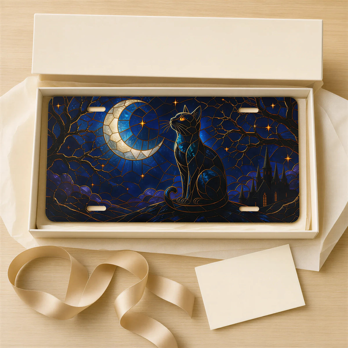 Moonlit Black Cat Crescent Moon Vanity Plate