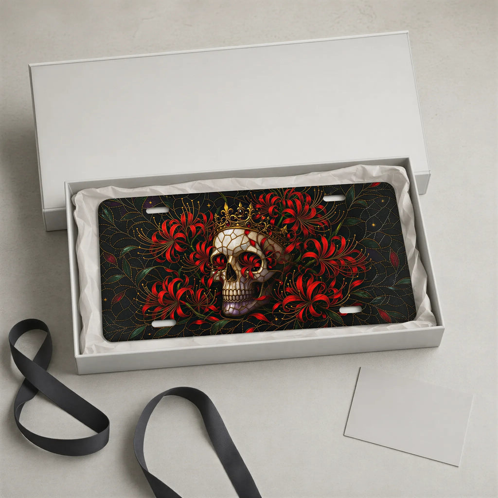 Skull Crown Red Flowers Vanity Plate