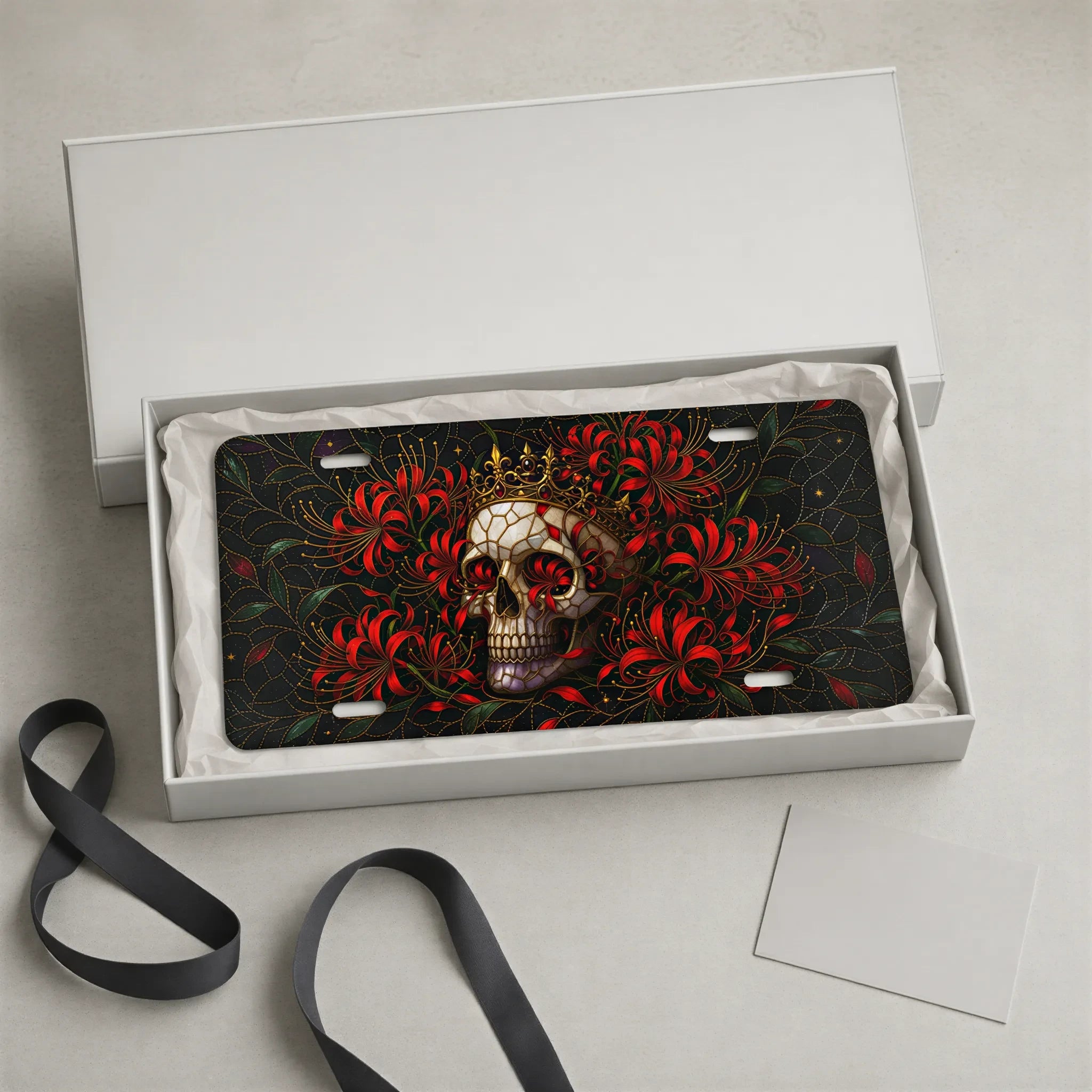 Skull Crown Red Flowers Vanity Plate