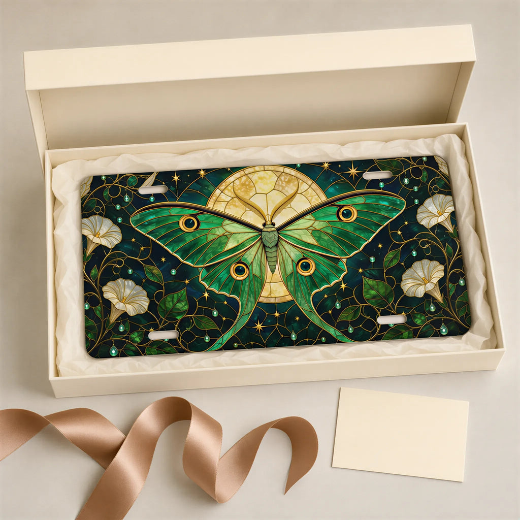 Green Luna Moth Stained Glass Vanity Plate