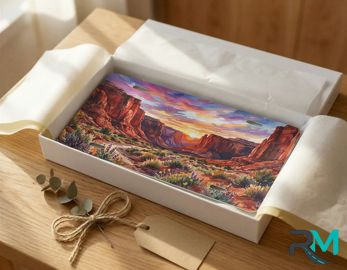 canyon sunset license plate as gift — southwestern art vanity plate ready to give