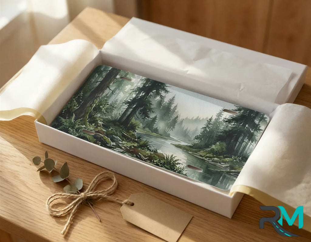 misty forest vanity plate as gift — river woodland scenic license plate ready to give