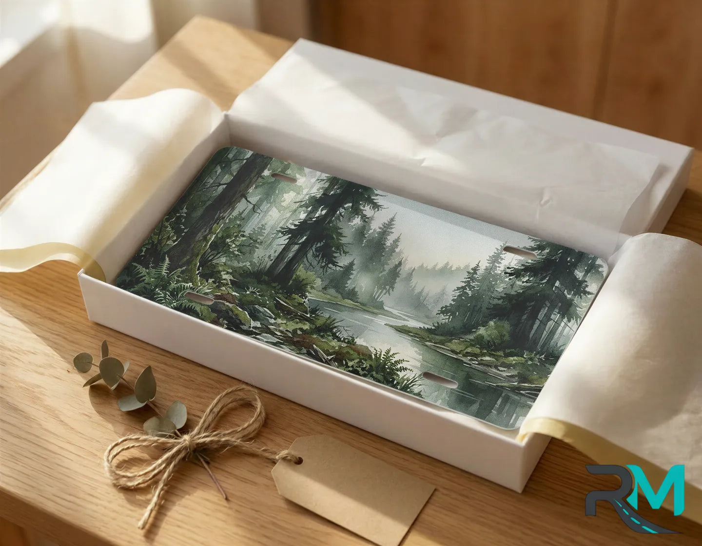 misty forest vanity plate as gift — river woodland scenic license plate ready to give