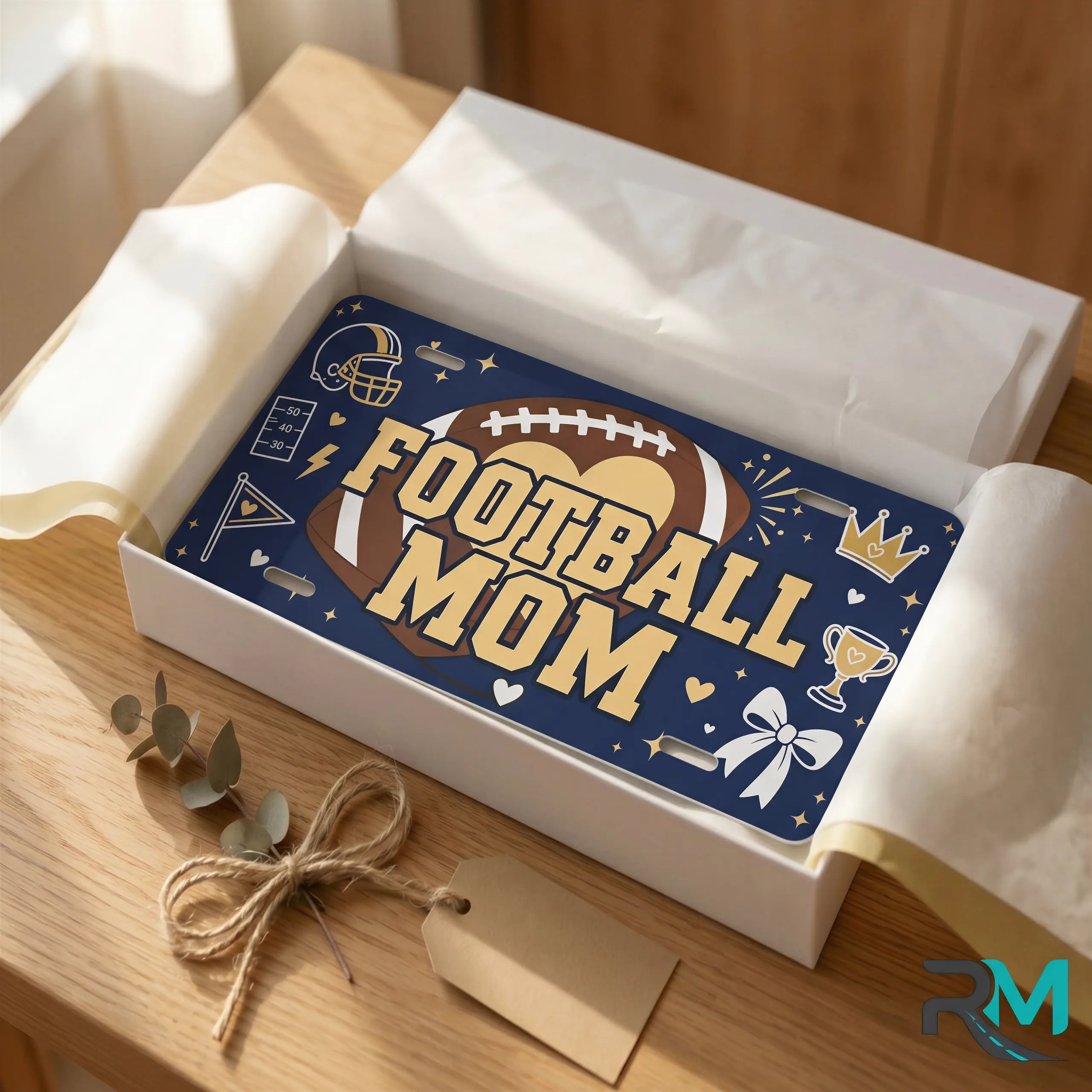 football mom vanity plate as gift — navy FOOTBALL MOM license plate ready to give