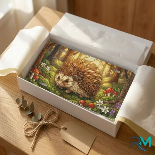 woodland hedgehog vanity plate as gift — hedgehog mushroom license plate ready to give