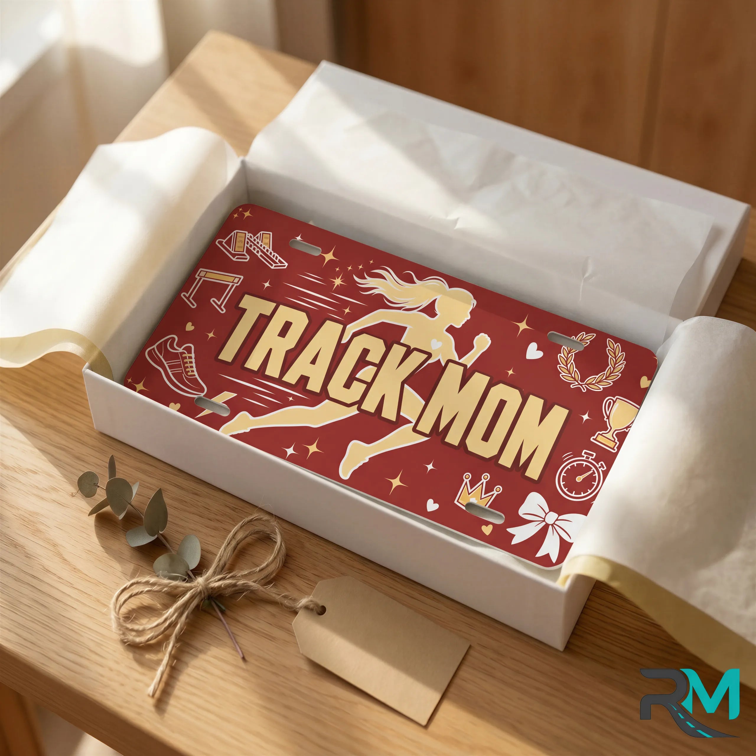 track mom vanity plate as gift — runner silhouette TRACK MOM license plate ready to give