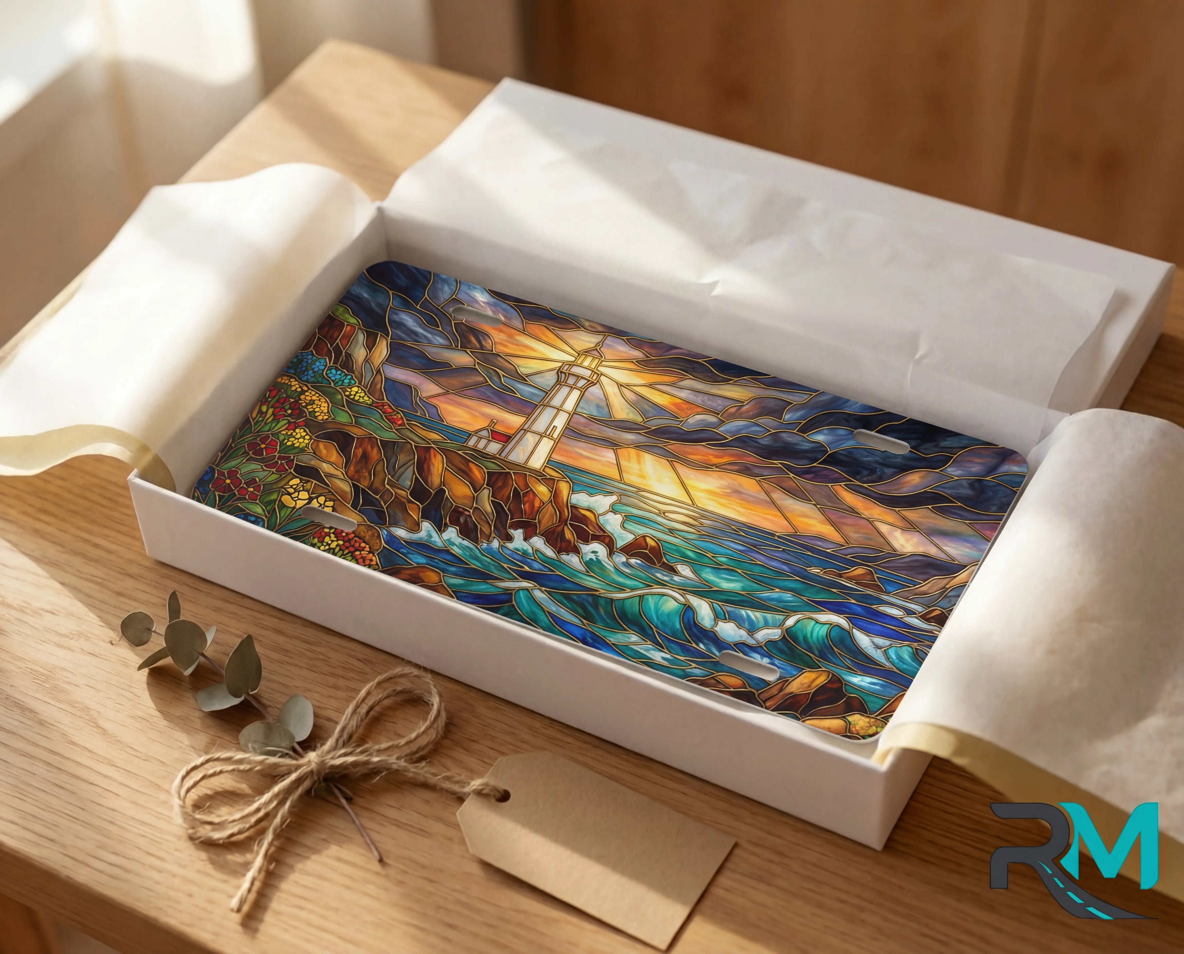 lighthouse seascape license plate flat lay — vivid coastal blue lighthouse crashing waves sunlit front plate