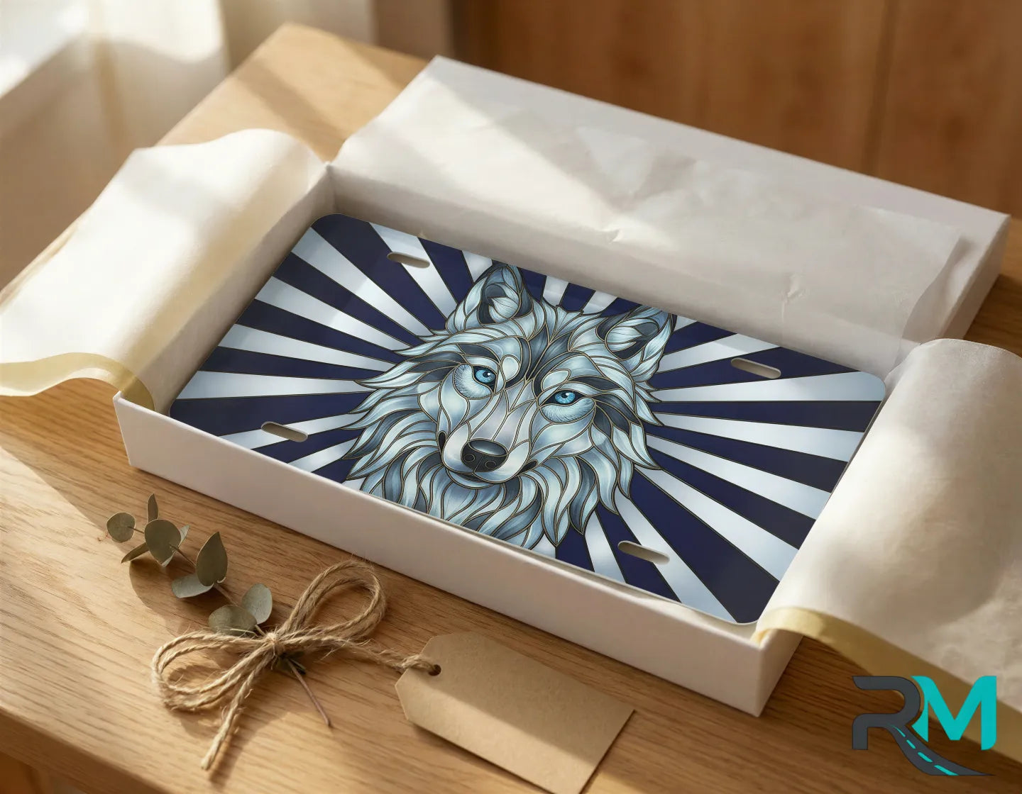 blue wolf vanity plate as gift — stained glass navy wolf license plate ready to give