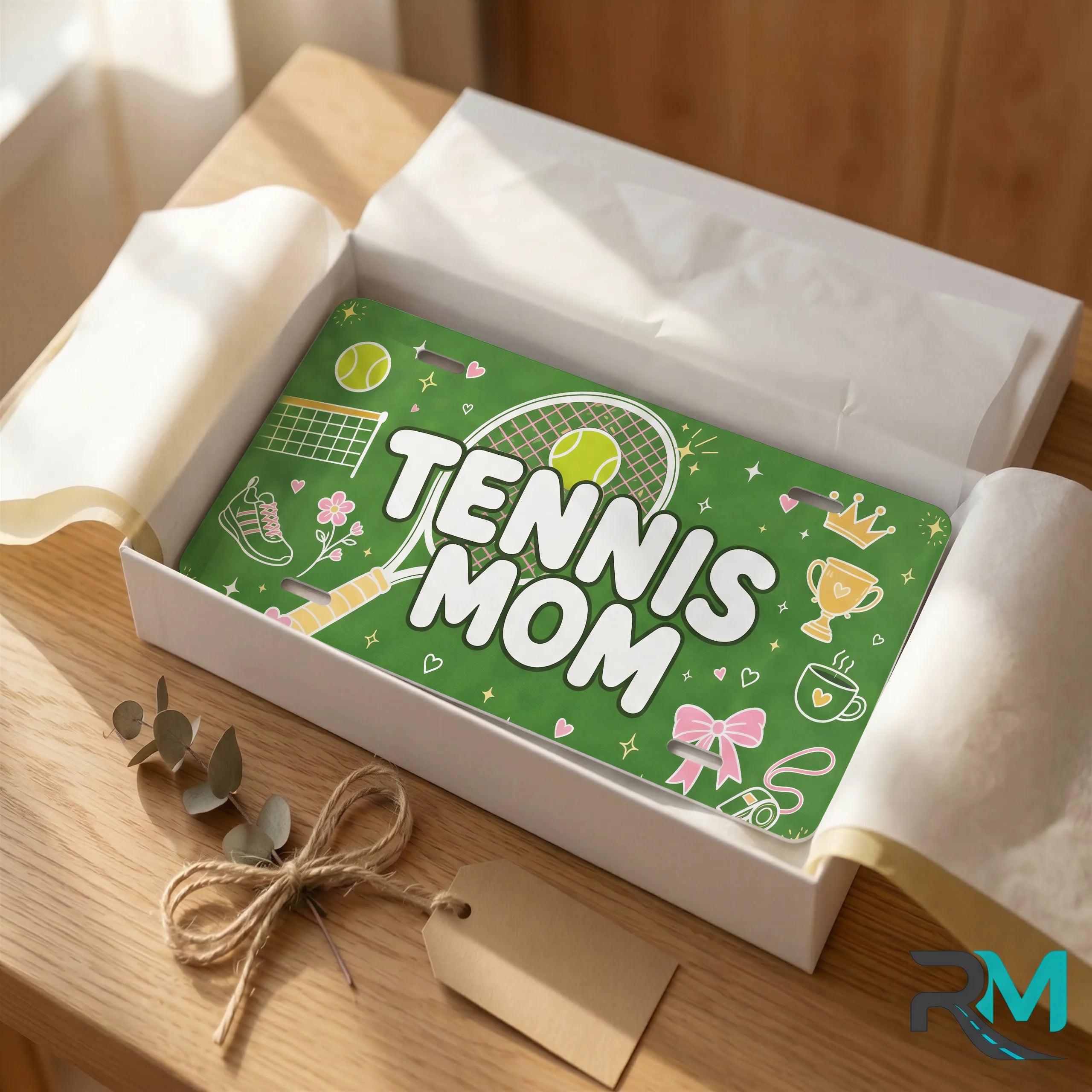tennis mom vanity plate as gift — green TENNIS MOM license plate ready to give