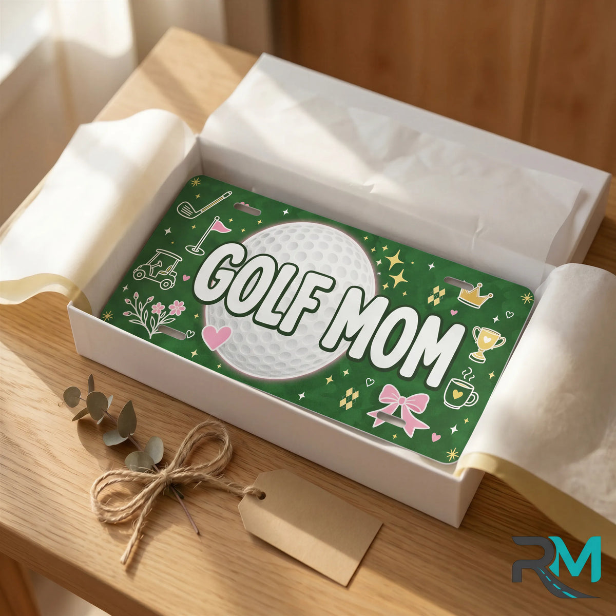 golf mom vanity plate as gift — green golf ball GOLF MOM license plate ready to give