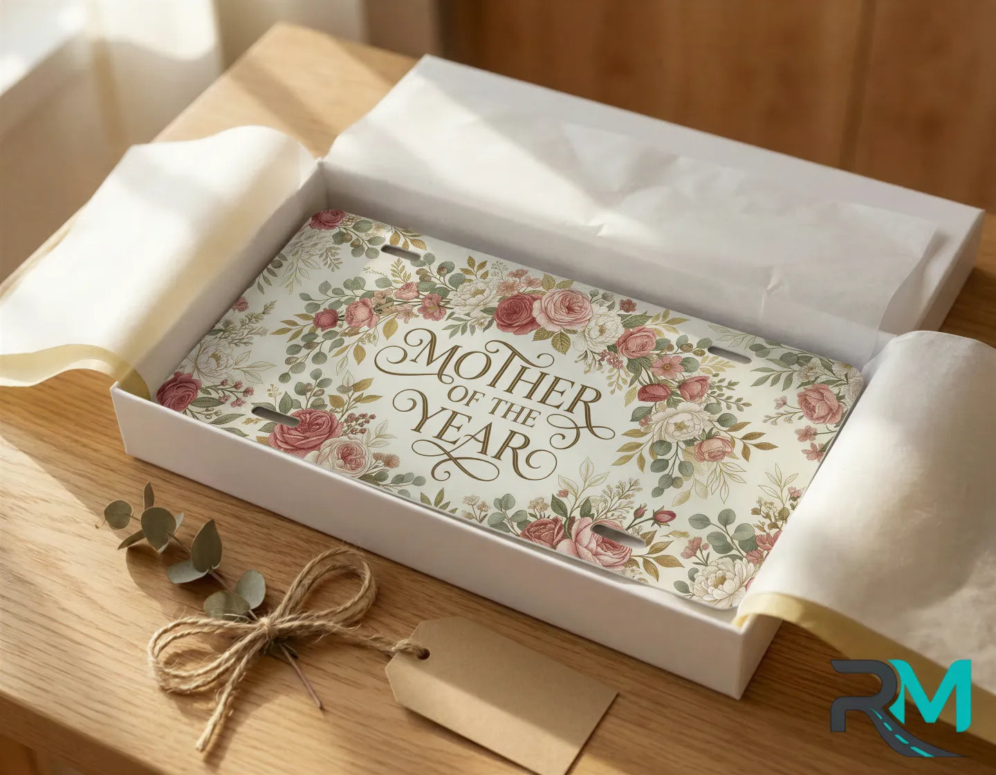 mother of the year vanity plate as gift — vintage floral license plate ready to give