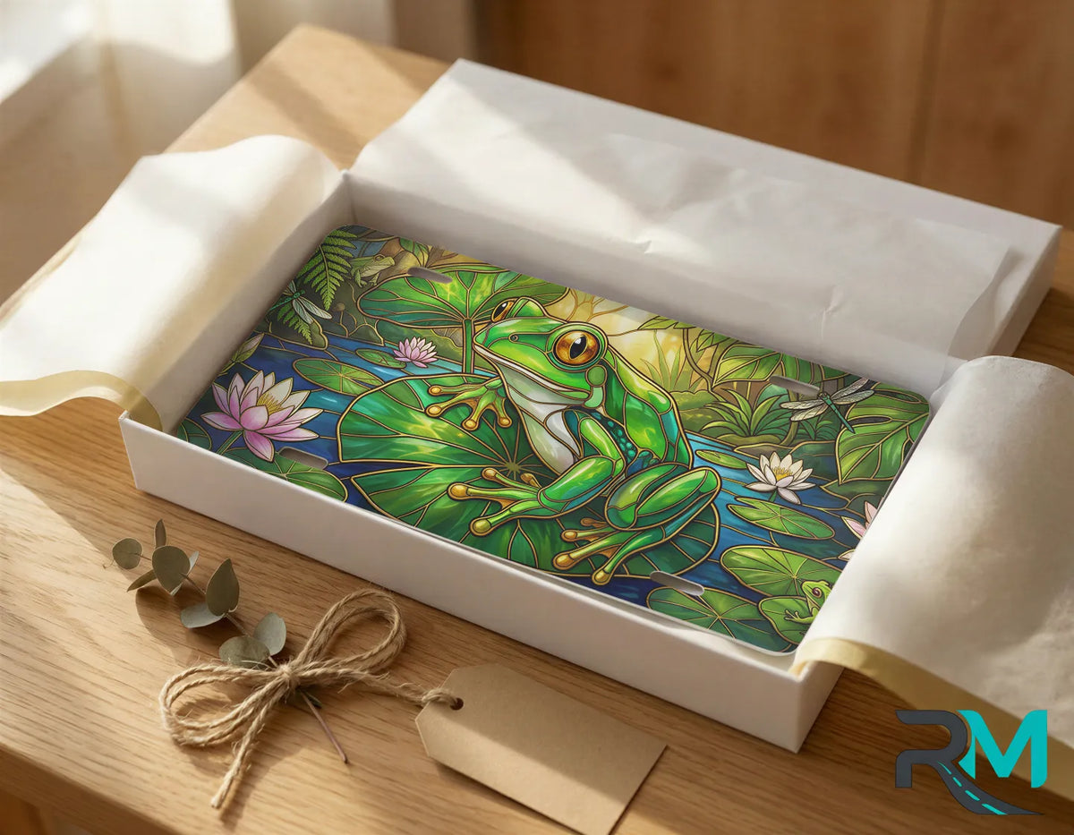 green tree frog vanity plate as gift — jewel green frog lily pad license plate ready to give