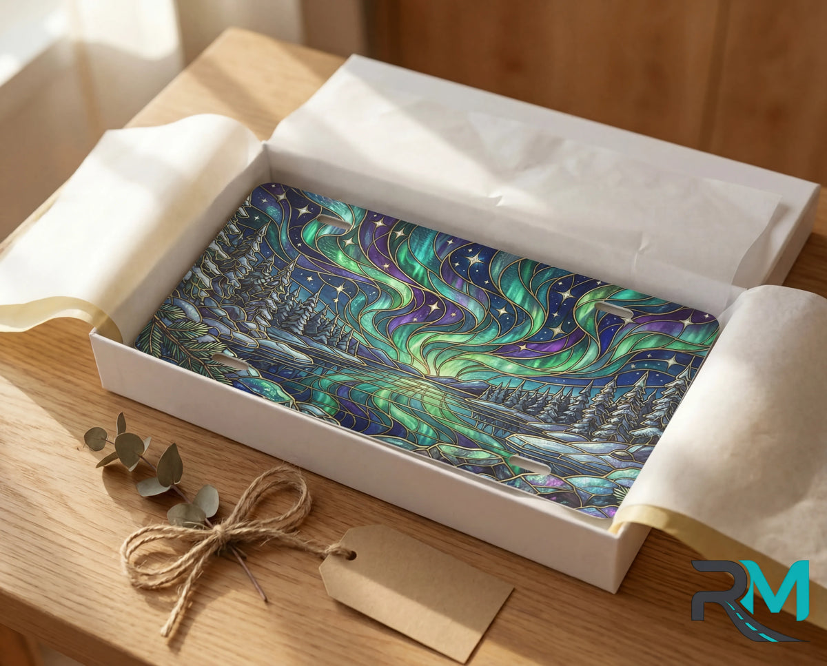 northern lights lake scene license plate flat lay — jewel teal purple aurora pine frozen lake front plate