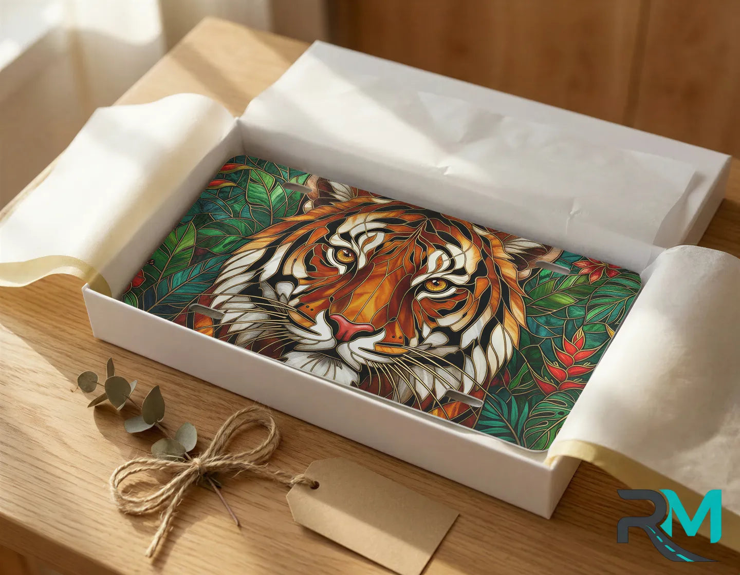 stained glass lion vanity plate as gift — amber gold wildlife lion license plate ready to give
