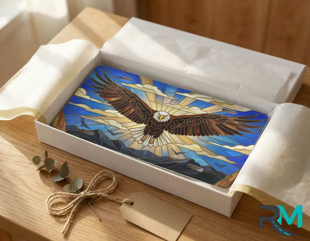 stained glass eagle vanity plate as gift — cobalt soaring eagle license plate ready to give