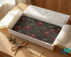 vintage floral chrysanthemum license plate flat lay — deep burgundy chrysanthemums lush green leaves antique front plate