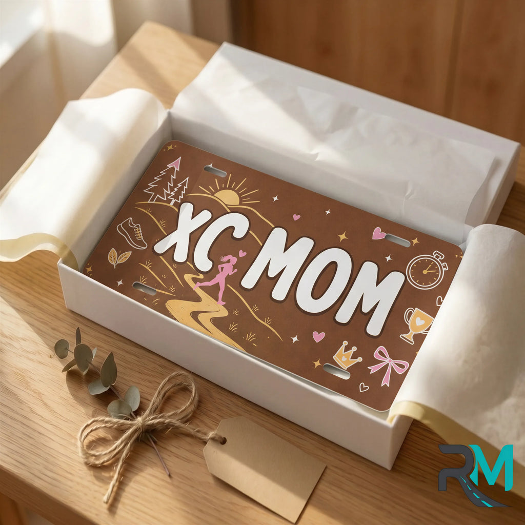 xc mom vanity plate as gift — earthy XC MOM cross country license plate ready to give