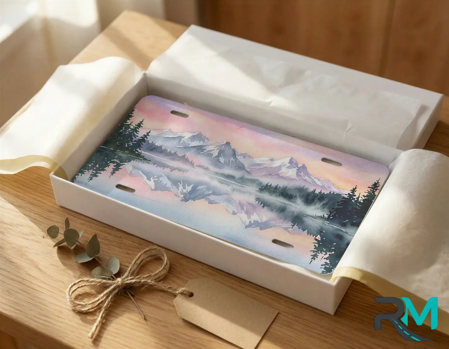 mountain reflection vanity plate as gift — scenic alpine watercolor license plate ready to give