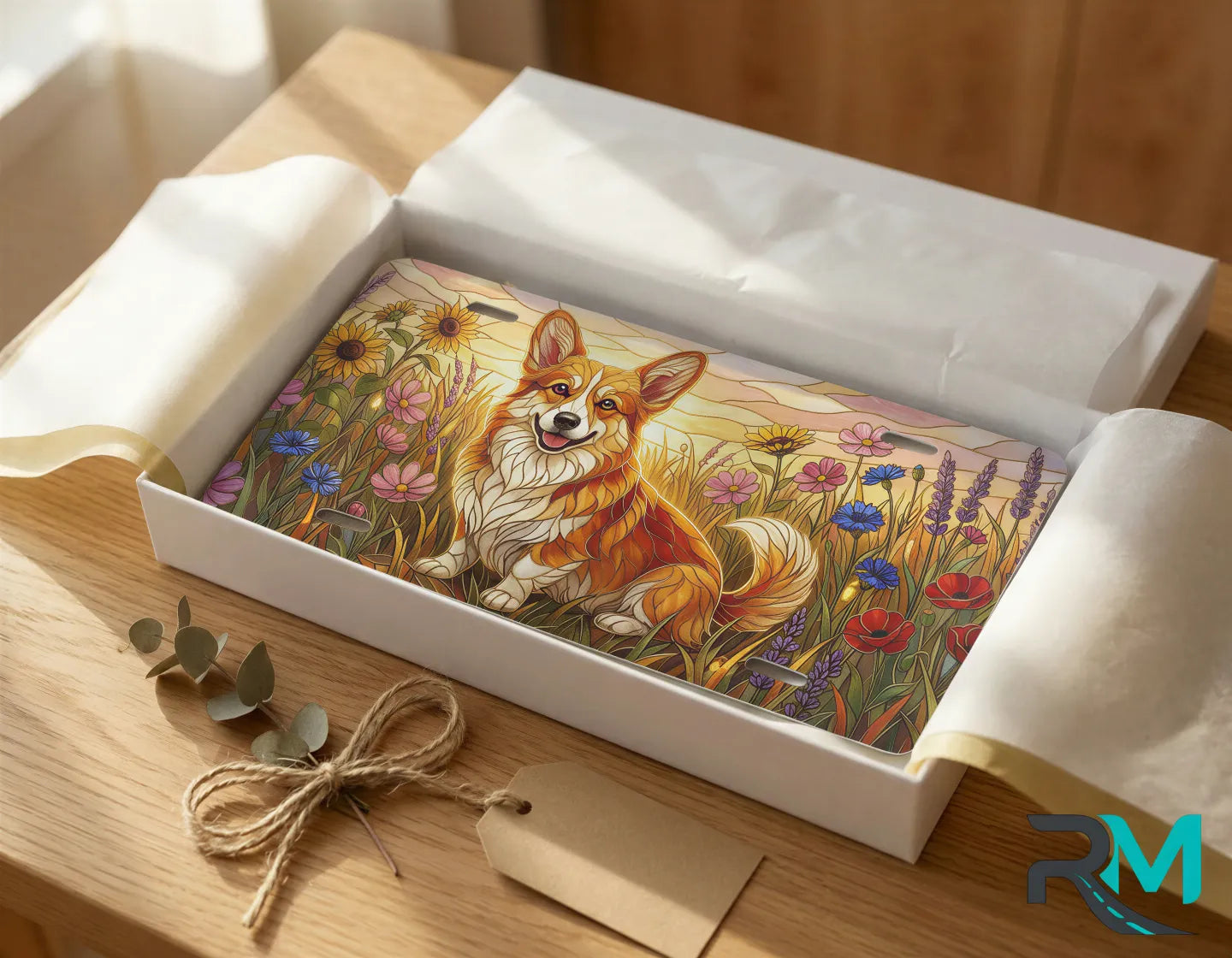 corgi wildflower vanity plate as gift — soft gold pink corgi meadow license plate ready to give