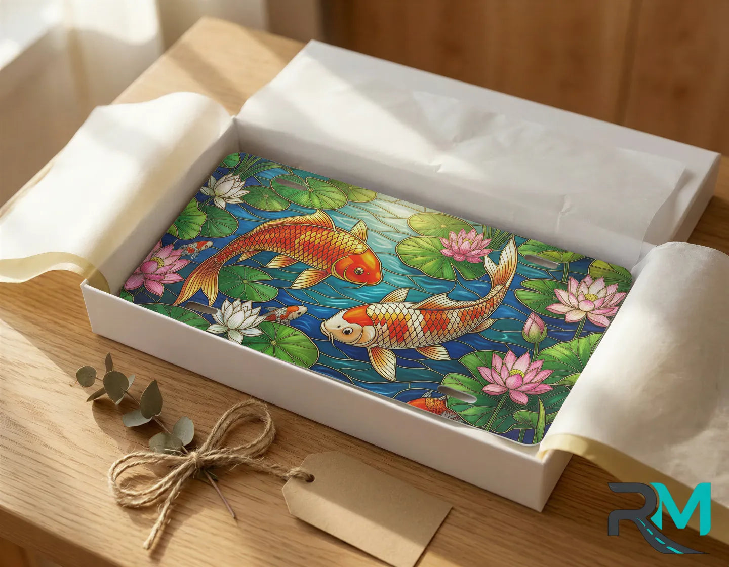 koi pond vanity plate as gift — Japanese water garden koi license plate ready to give