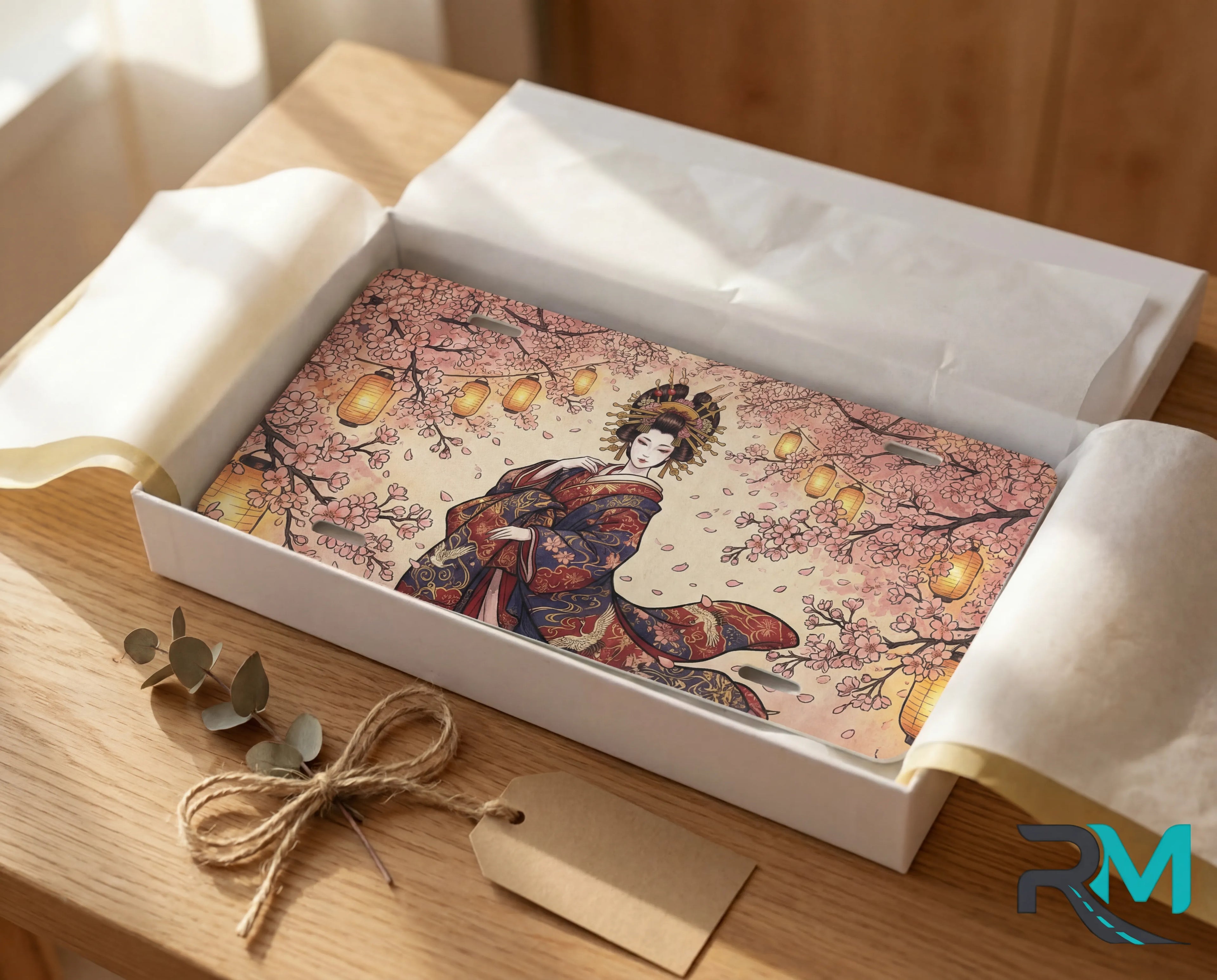 geisha sakura lanterns vanity plate as gift — soft pink kimono cherry blossom lanterns license plate ready to give