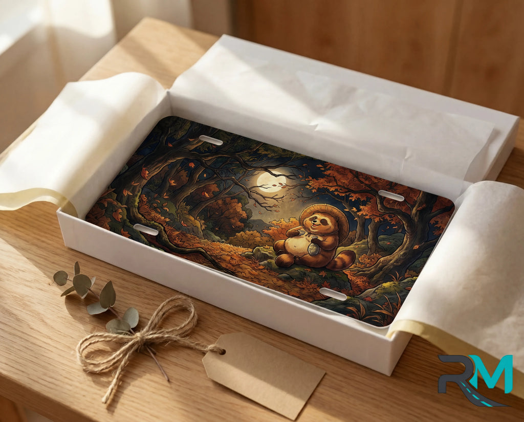 woodland tanuki moonlit forest vanity plate as gift — smiling tanuki moonlit autumn license plate ready to give