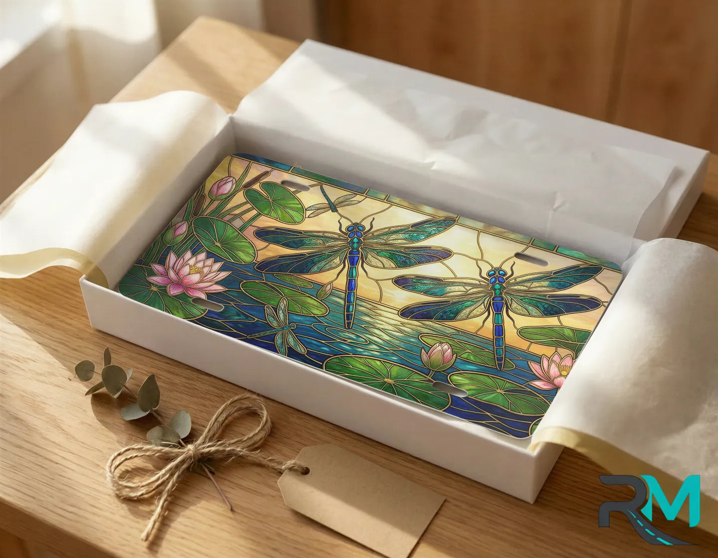 dragonfly pond vanity plate as gift — stained glass teal violet lily license plate ready to give