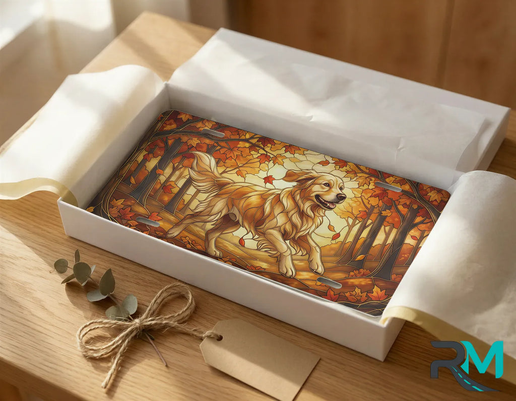 golden retriever vanity plate as gift — warm amber autumn retriever license plate ready to give