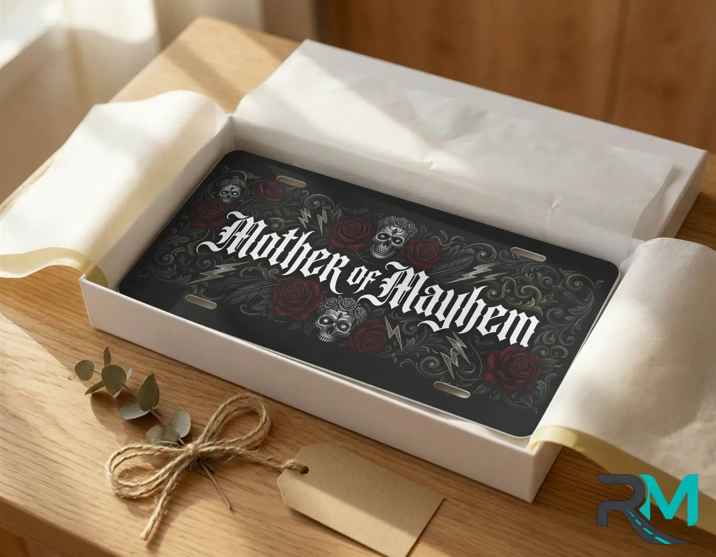 mother of mayhem vanity plate as gift — gothic skull rose license plate ready to give