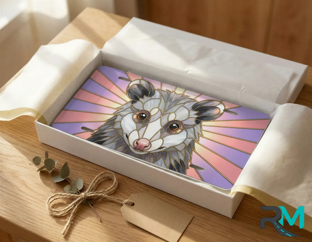 possum portrait vanity plate as gift — whimsical stained glass opossum license plate ready to give