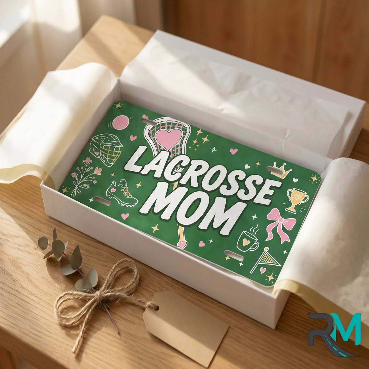 lacrosse mom vanity plate as gift — green pink LACROSSE MOM license plate ready to give