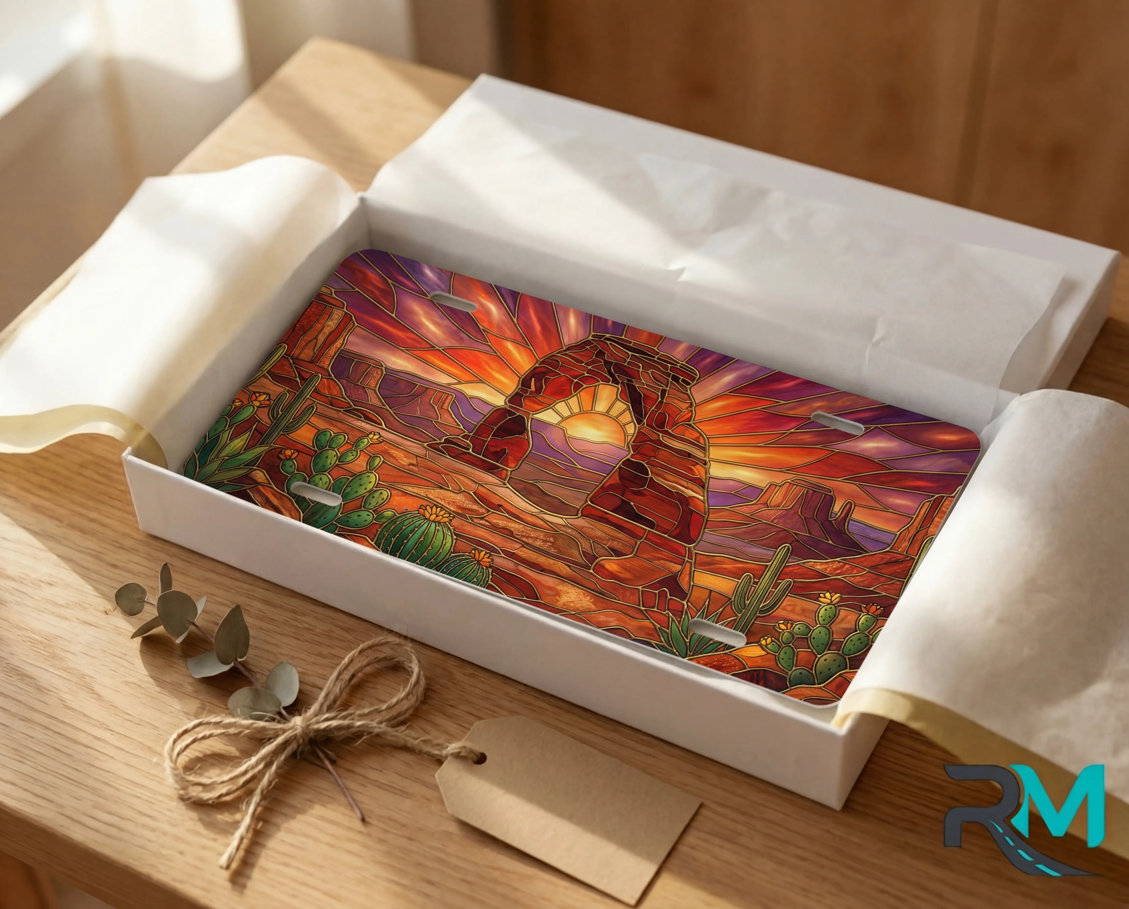 desert arch sunset vanity plate as gift — warm amber sandstone arch cactus license plate ready to give