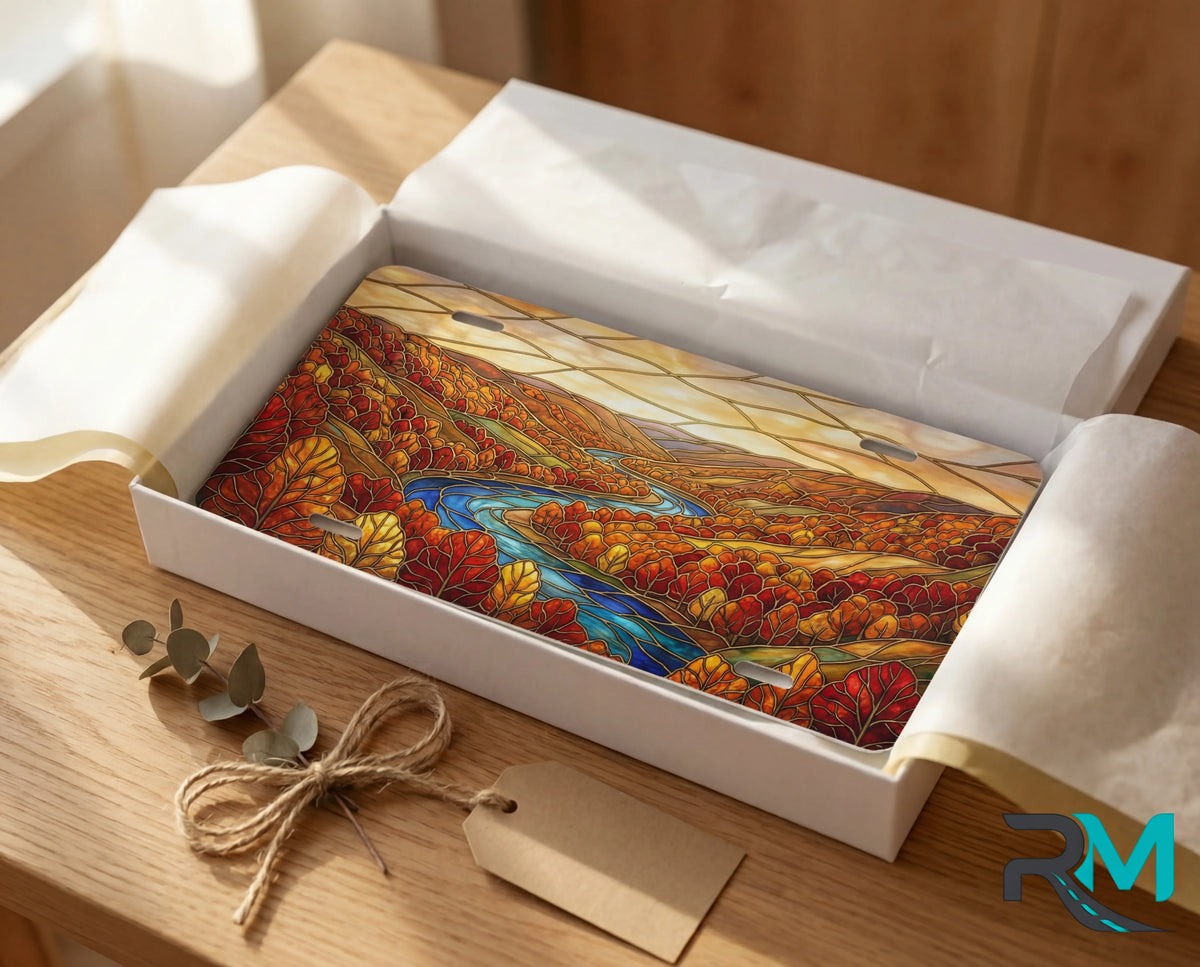 autumn river landscape vanity plate as gift — rich autumn red gold winding river license plate ready to give