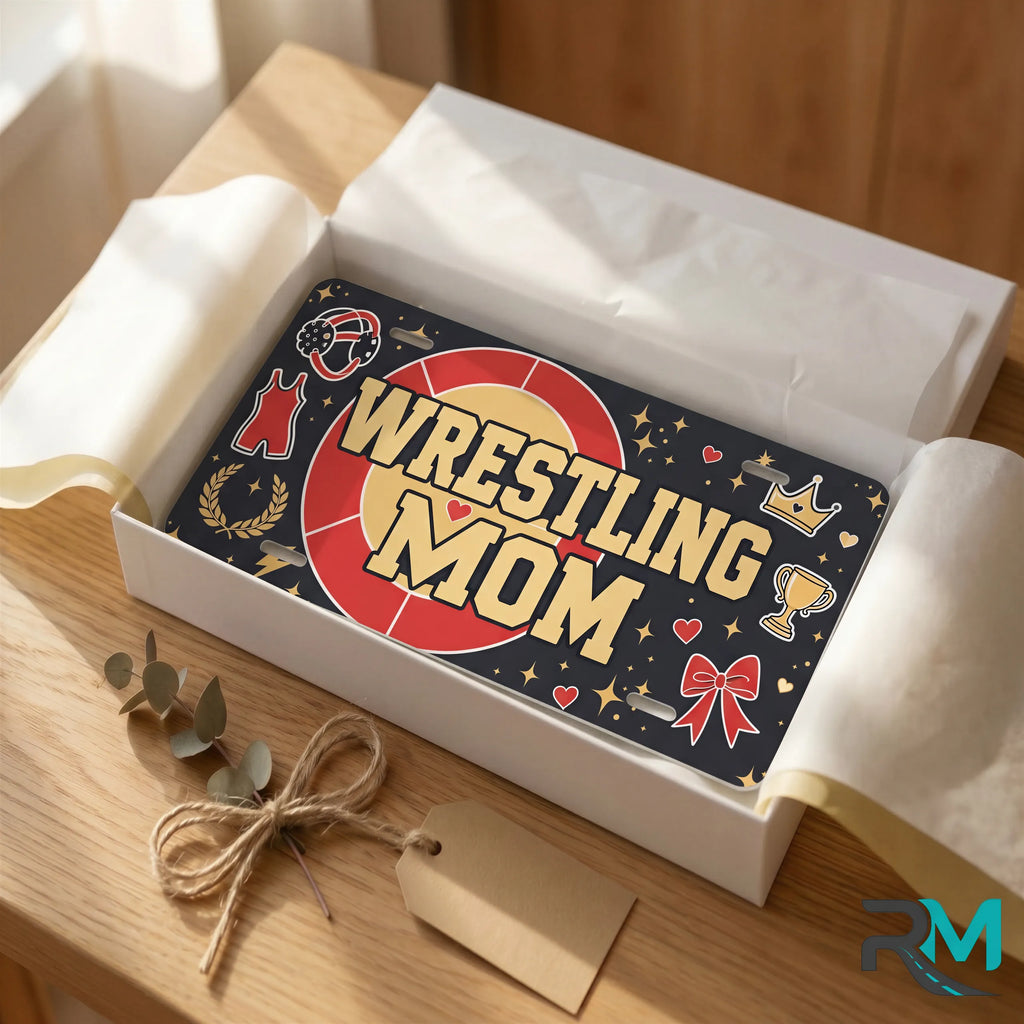 wrestling mom vanity plate as gift — red gold WRESTLING MOM license plate ready to give