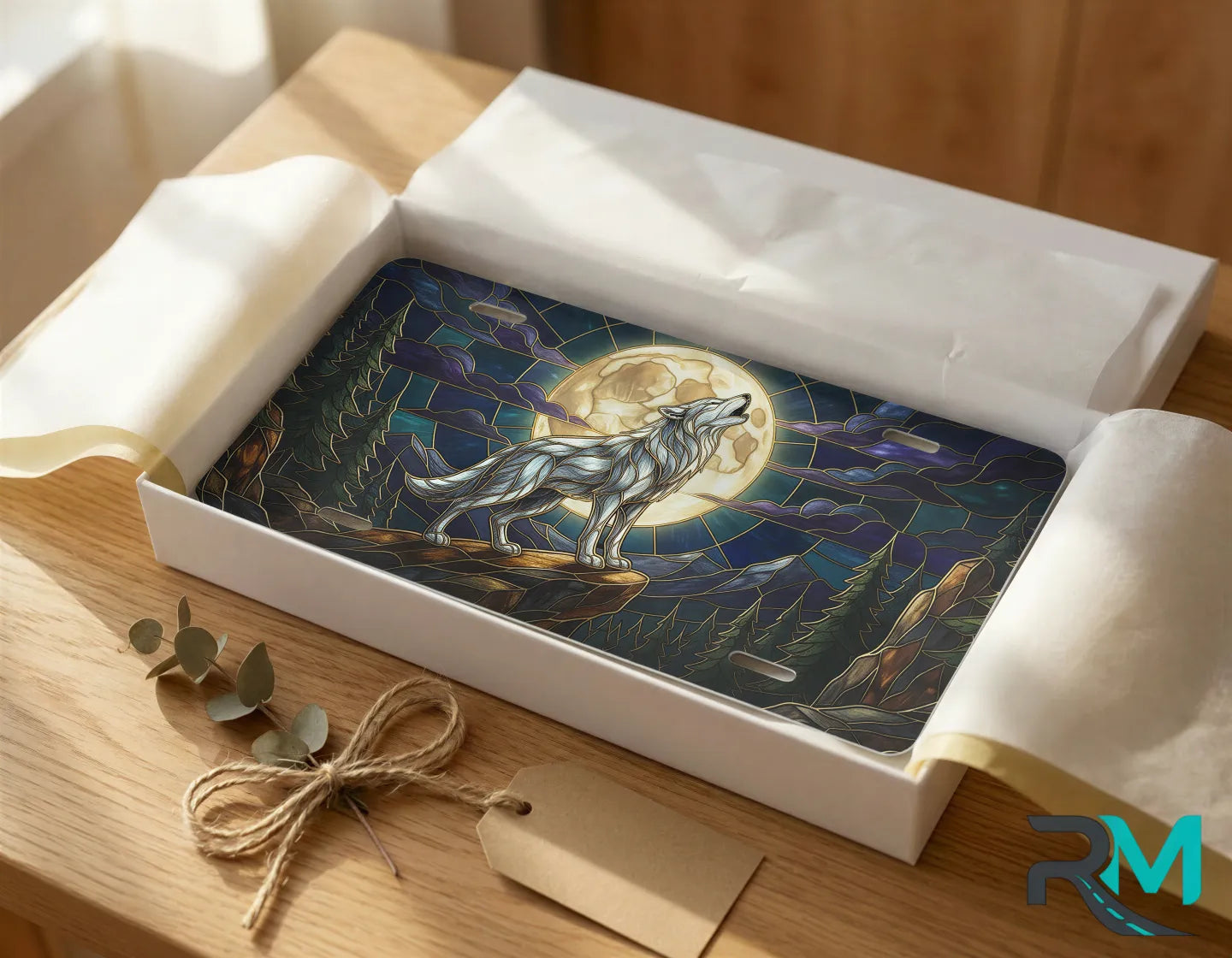 howling wolf vanity plate as gift — midnight wolf moon stained glass license plate ready to give