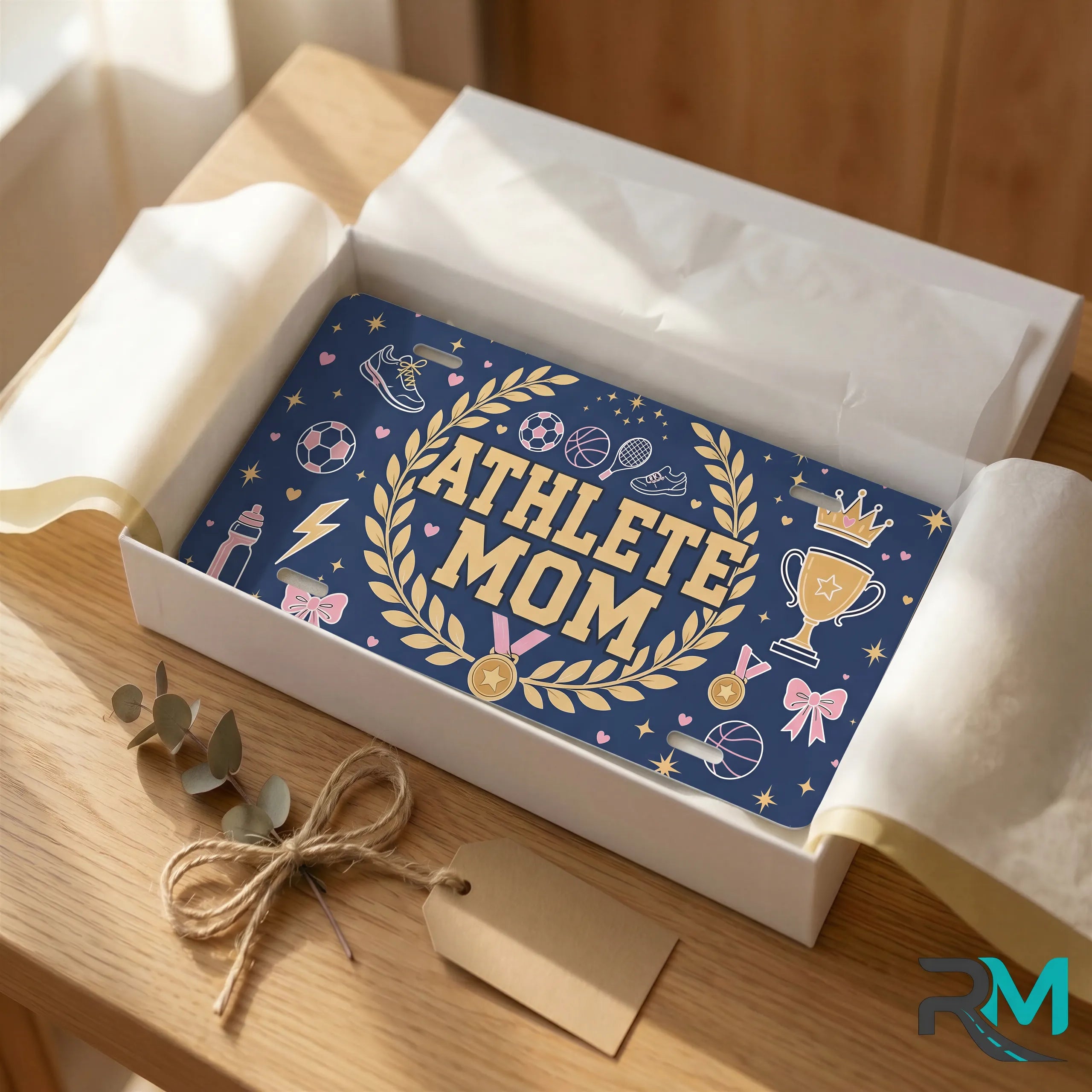 athlete mom vanity plate as gift — navy gold ATHLETE MOM license plate ready to give