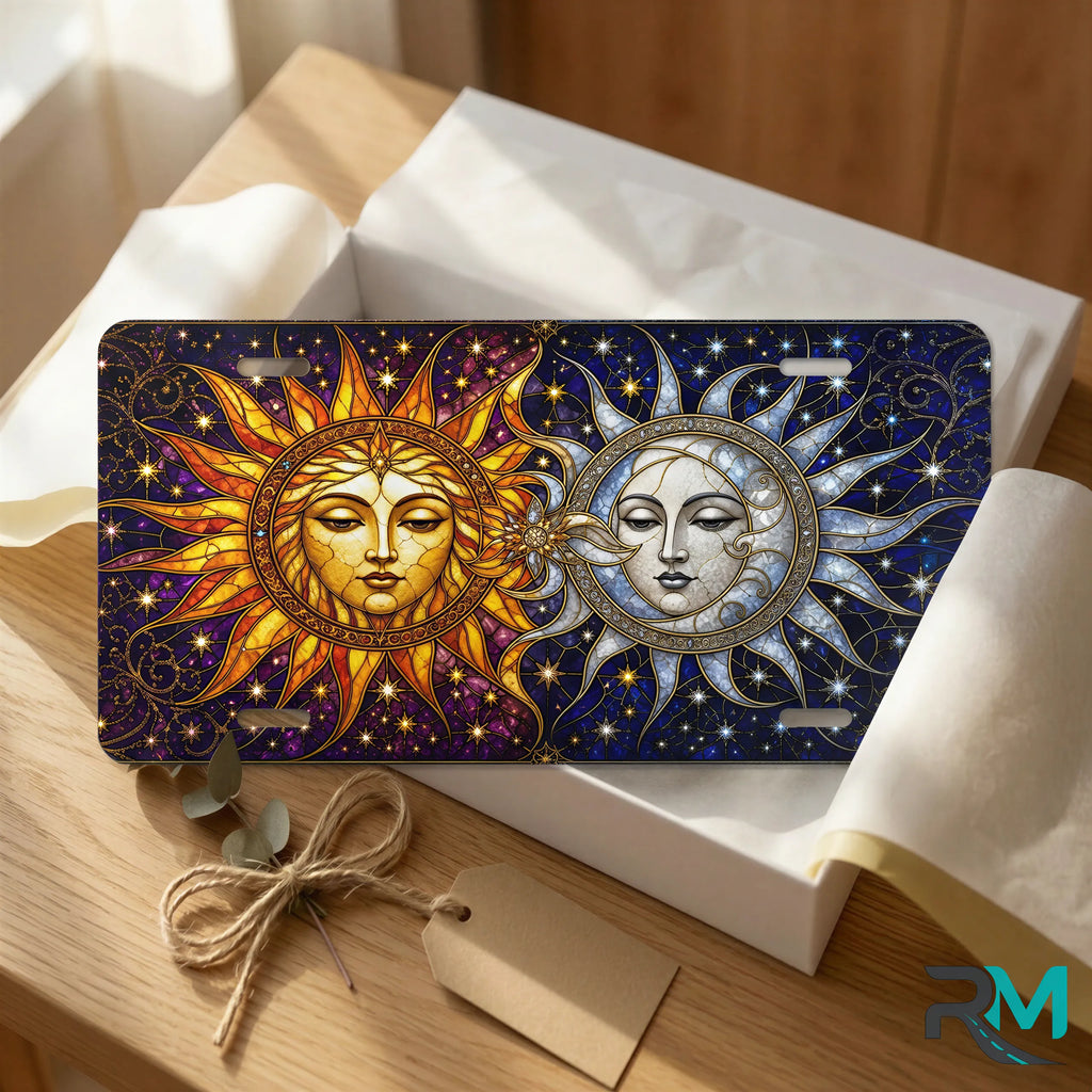 sun moon vanity plate as gift — golden sun silver moon celestial license plate ready to give