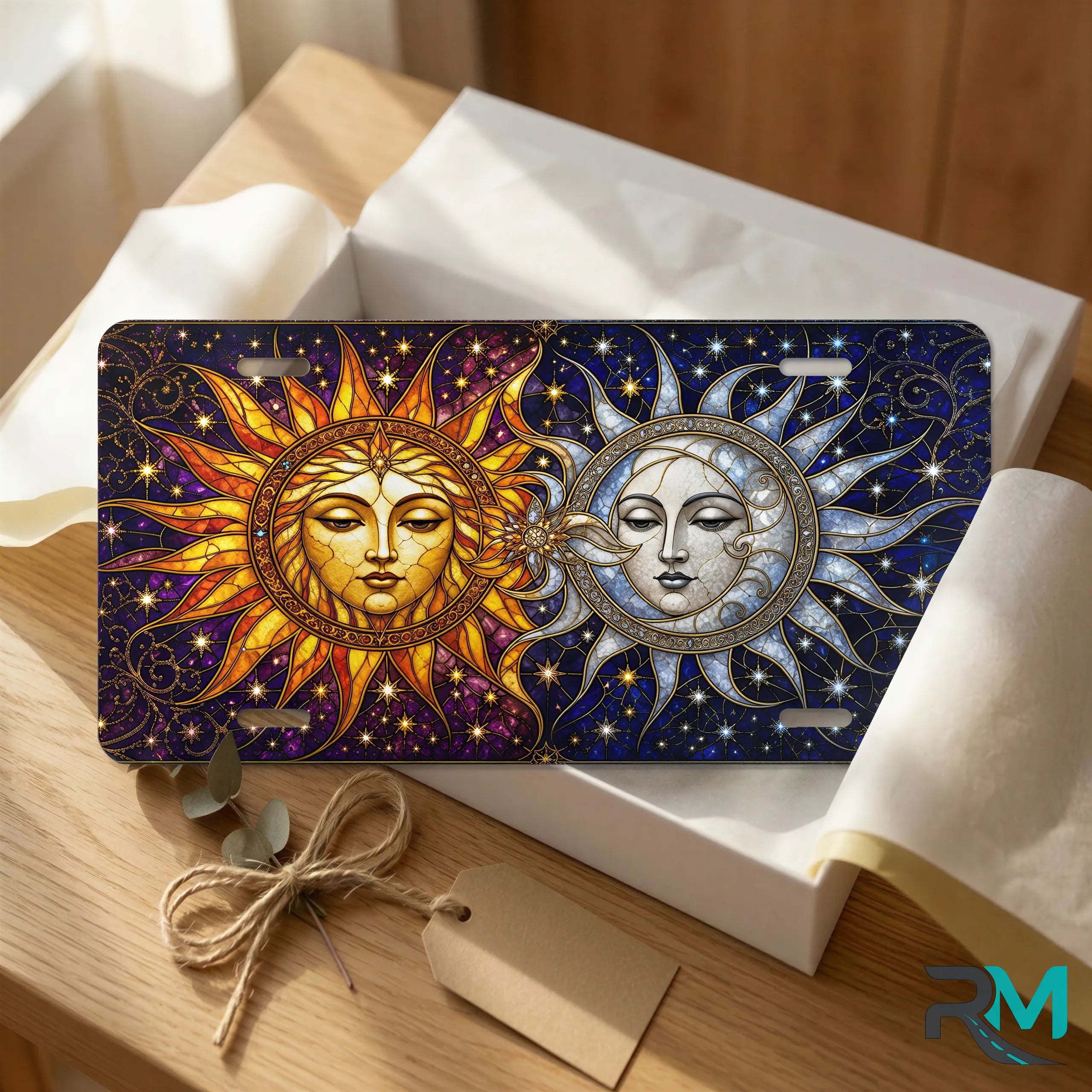 sun moon vanity plate as gift — golden sun silver moon celestial license plate ready to give