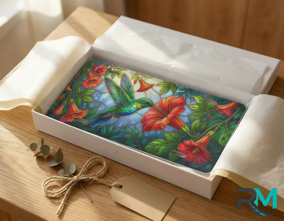 hummingbird hibiscus vanity plate as gift — tropical bird flower license plate ready to give