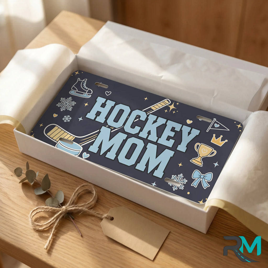 hockey mom vanity plate as gift — navy HOCKEY MOM license plate ready to give