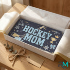 hockey mom vanity plate as gift — navy HOCKEY MOM license plate ready to give