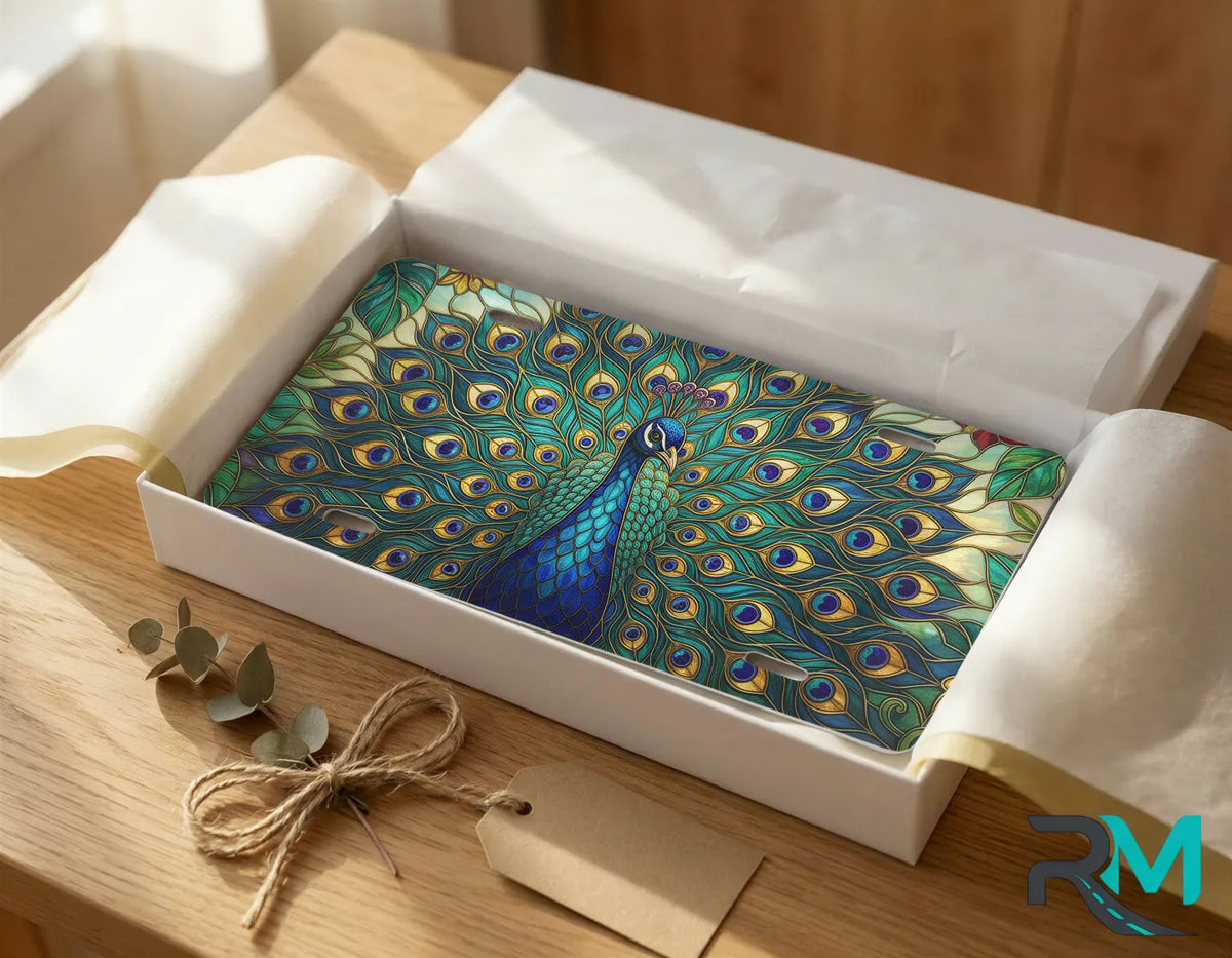 peacock feathers vanity plate as gift — jewel-tone teal emerald license plate ready to give