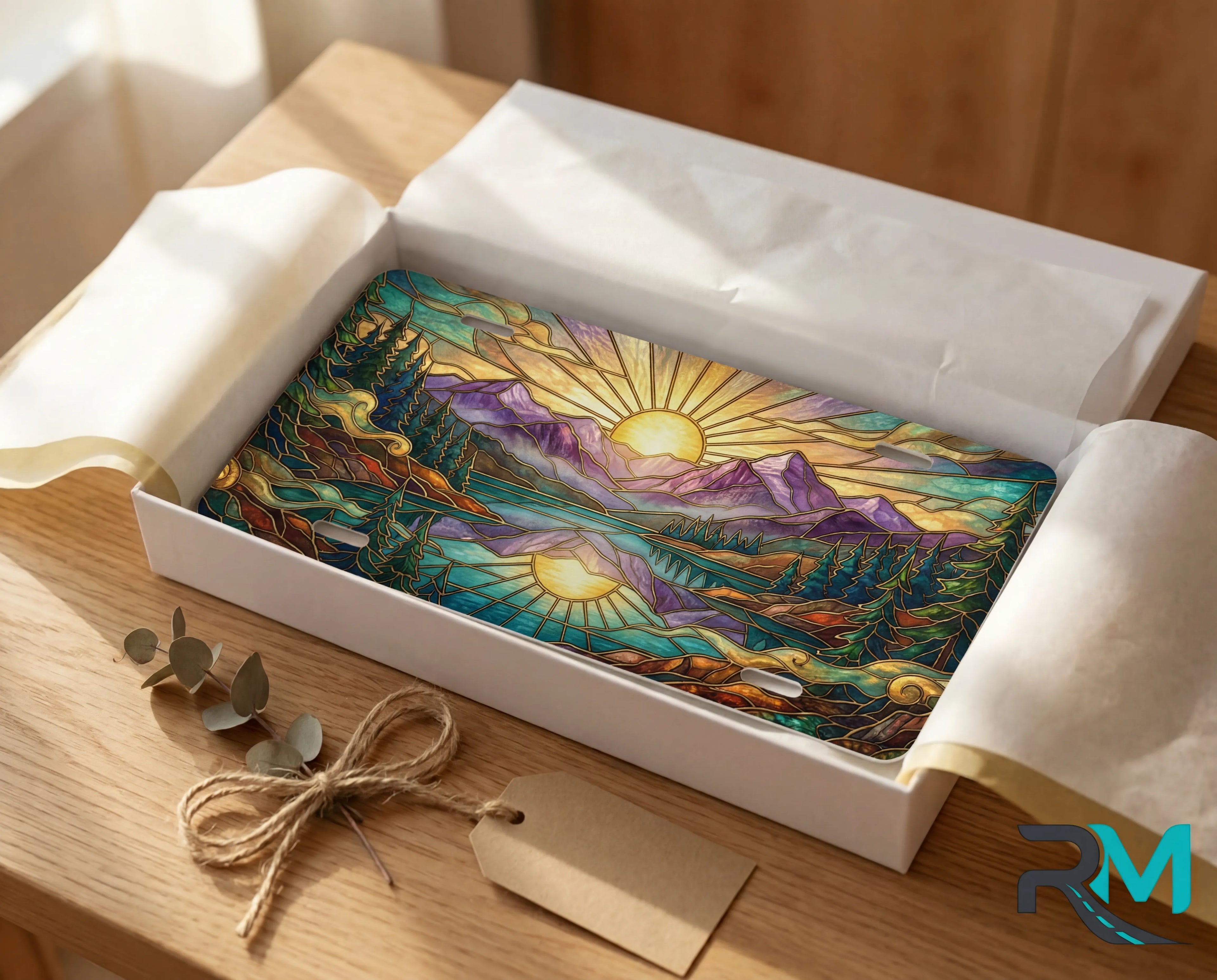 sunrise mountain lake license plate flat lay — warm gold purple mountain mirror water front plate