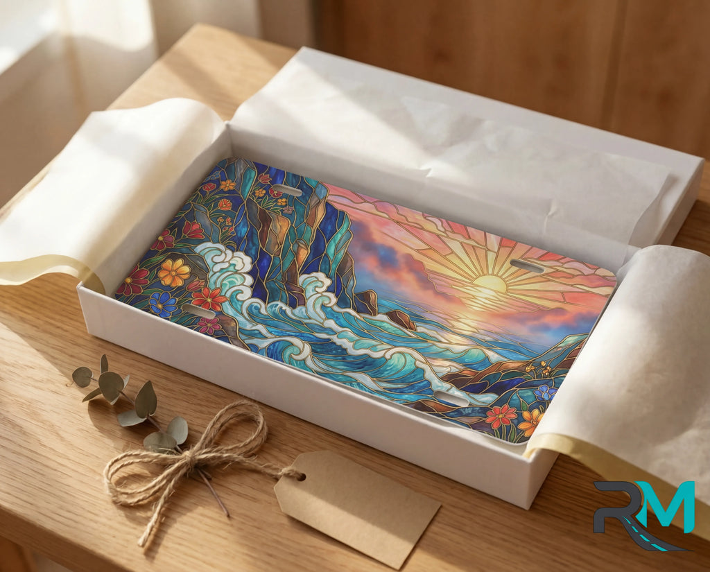 sunset ocean waves vanity plate as gift — warm gold jewel teal sunrise ocean license plate ready to give