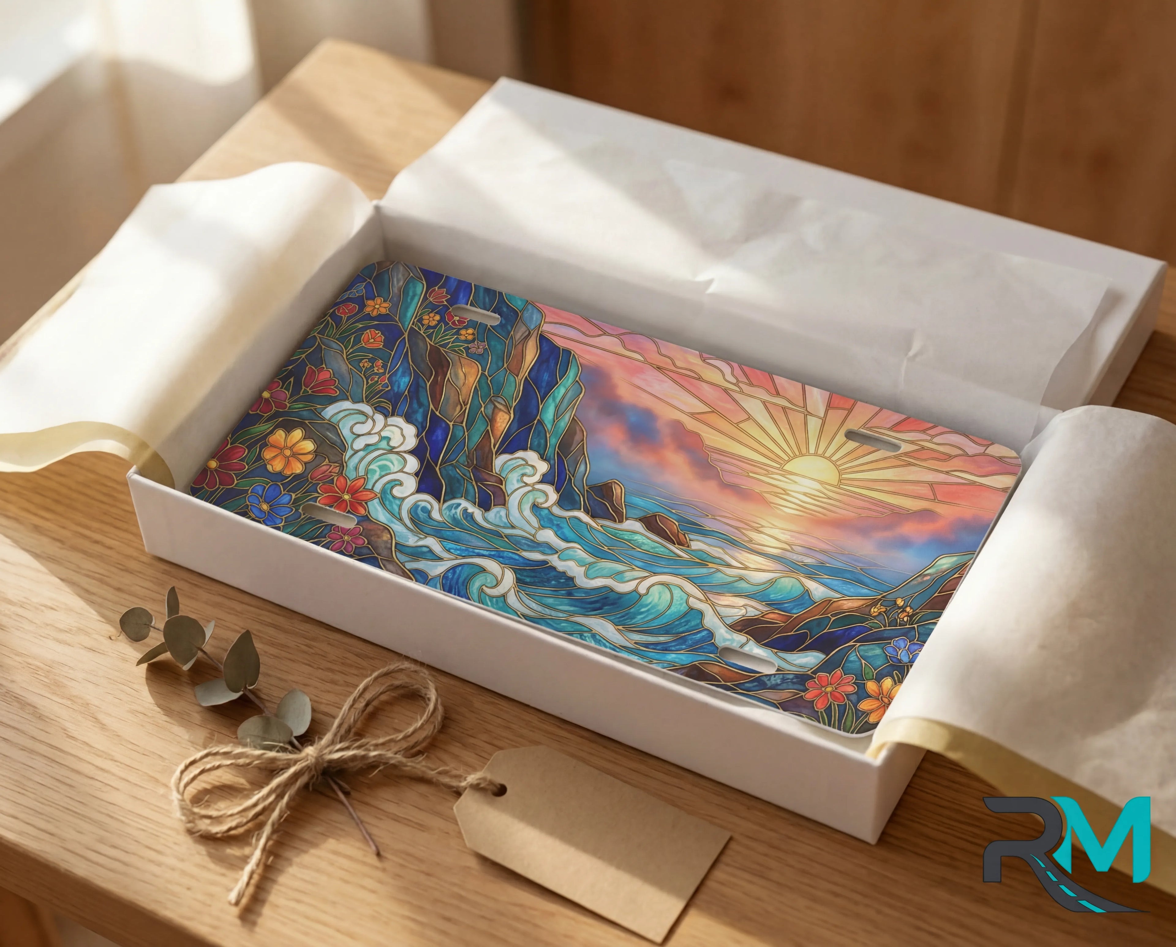 sunset ocean waves vanity plate as gift — warm gold jewel teal sunrise ocean license plate ready to give