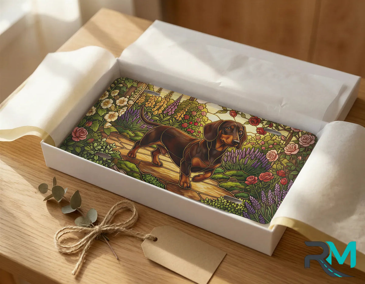 dachshund garden vanity plate as gift — jewel tone dachshund garden license plate ready to give
