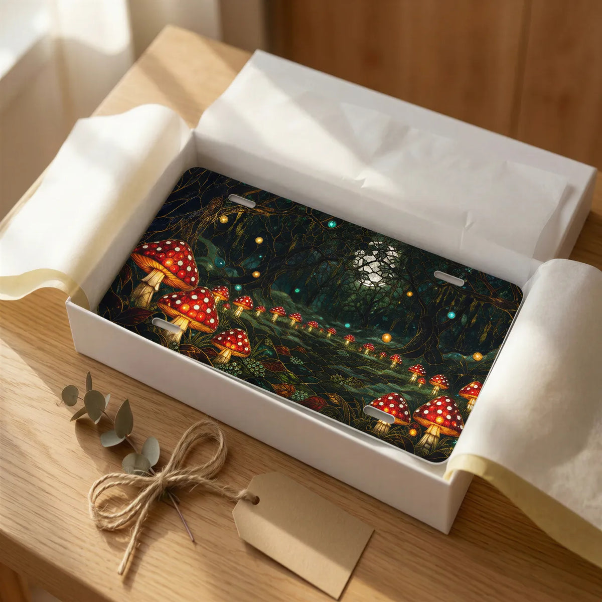enchanted mushroom forest vanity plate as gift — glowing toadstool firefly license plate ready to give