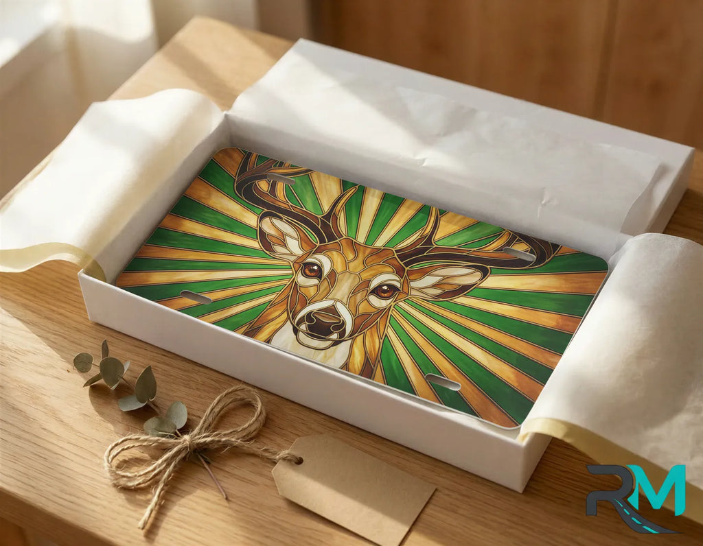 stag portrait vanity plate as gift — woodland deer wildlife license plate ready to give